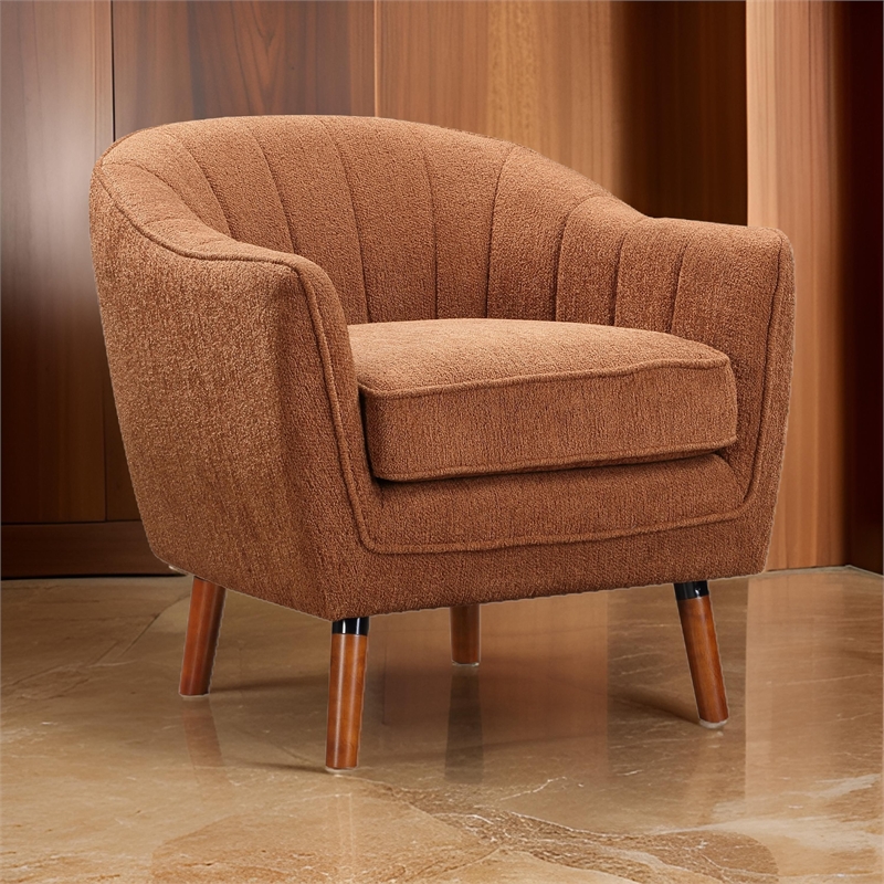 Tia 31 Inch Plush Accent Chair Armchair- Rust Polyester- Brown Solid Wood