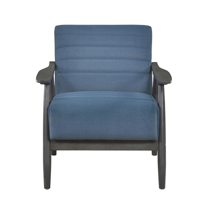 Tira 32 Inch Accent Chair- Channel Stitched- Blue Velvet- Gray Solid Wood