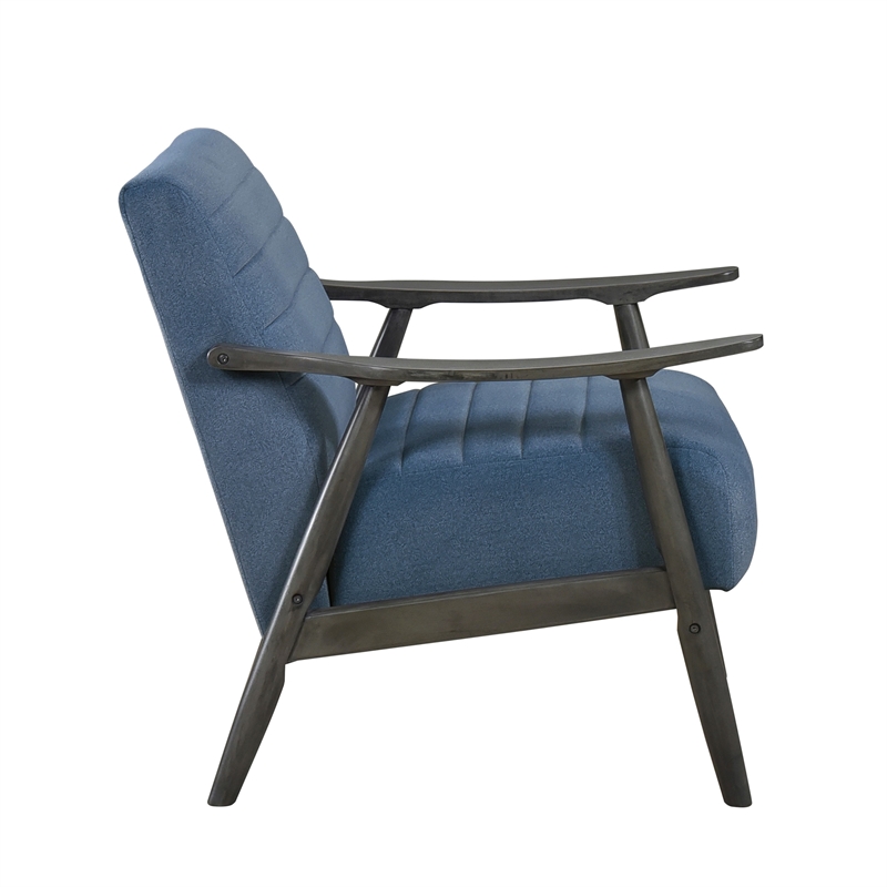 Tira 32 Inch Accent Chair- Channel Stitched- Blue Velvet- Gray Solid Wood