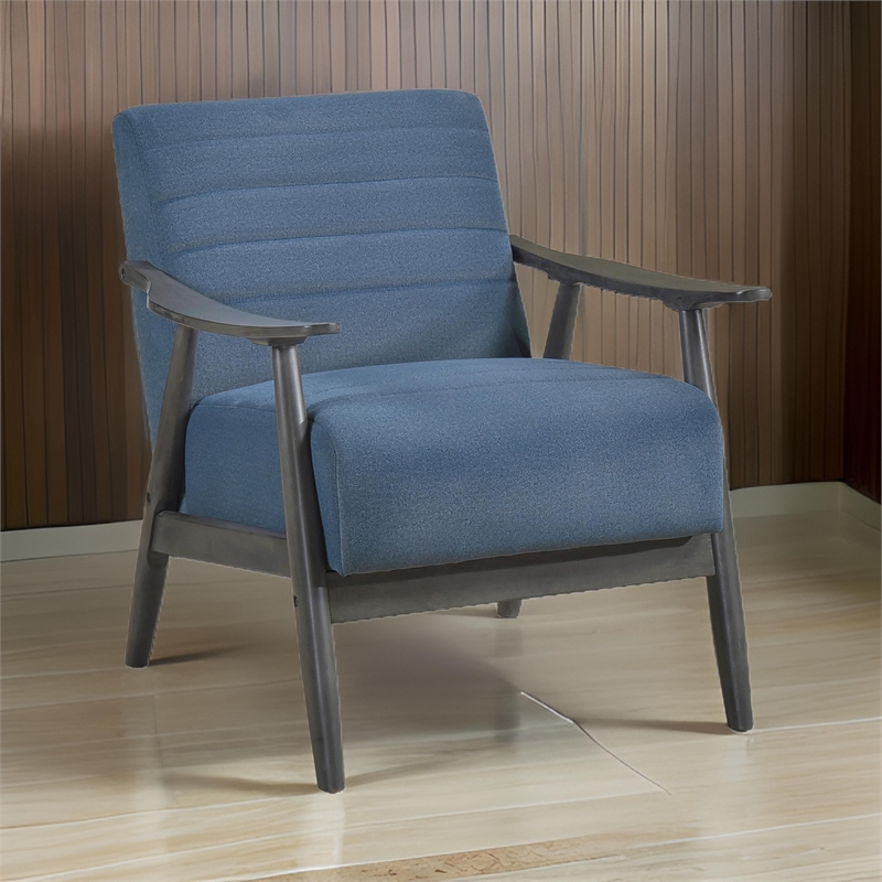 Tira 32 Inch Accent Chair- Channel Stitched- Blue Velvet- Gray Solid Wood
