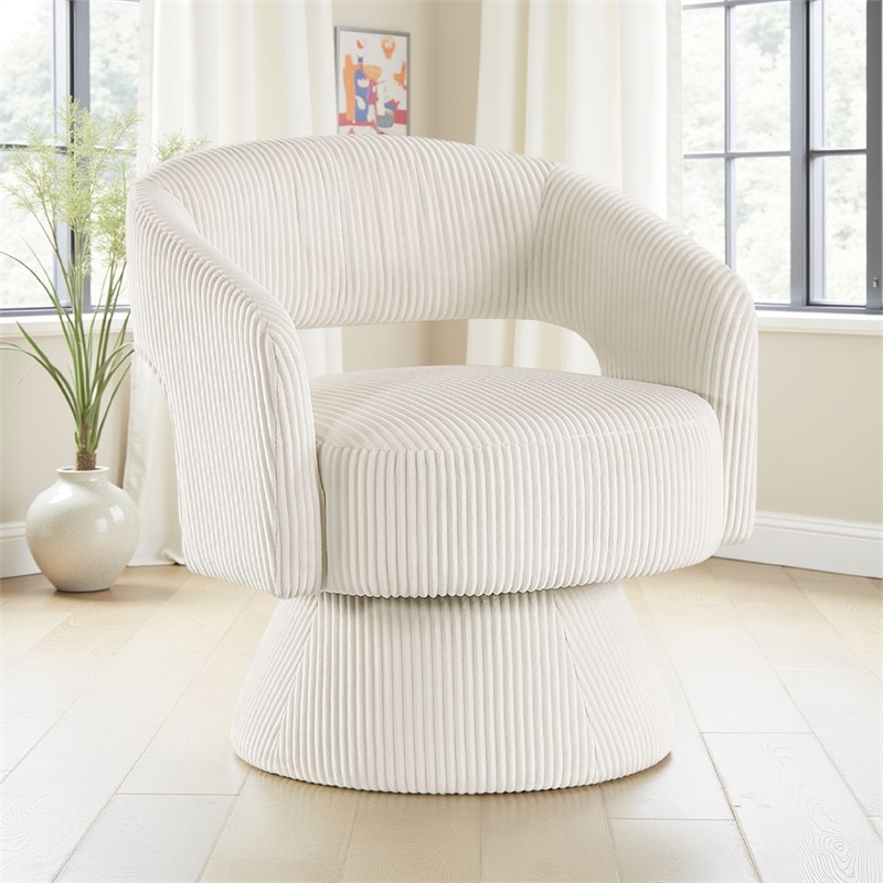 Rayne Swivel Accent Chair- Ivory Corduroy- Round Metal Swivel Base