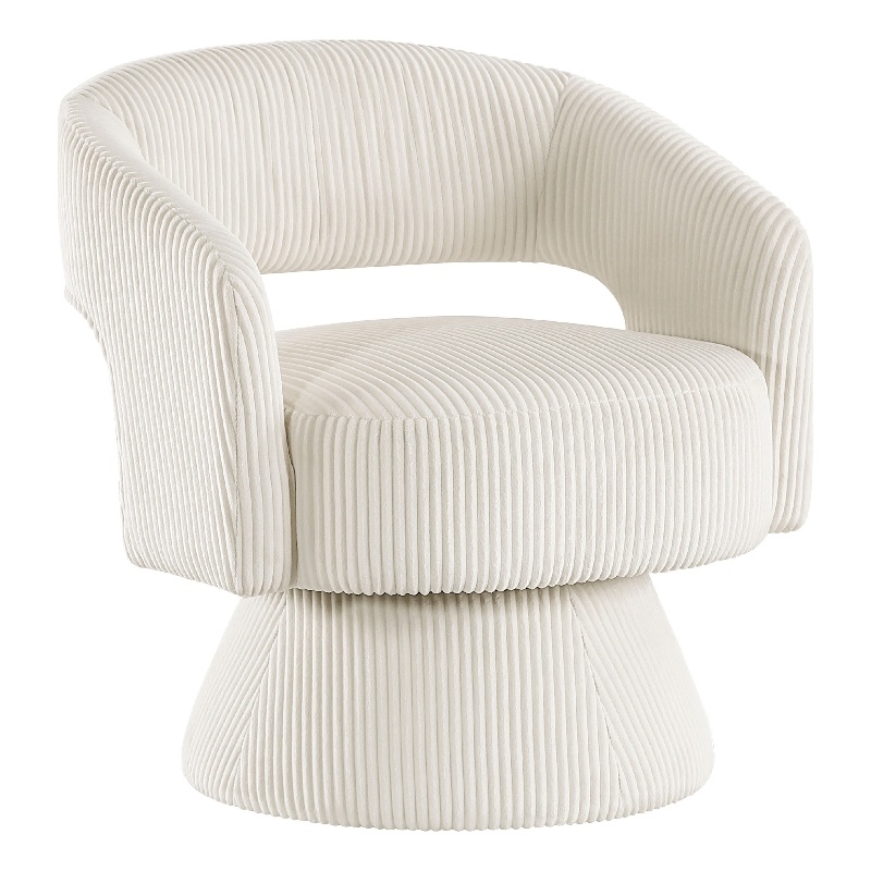 Rayne Swivel Accent Chair- Ivory Corduroy- Round Metal Swivel Base