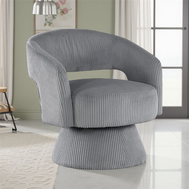 Rayne Swivel Accent Chair- Dark Gray Corduroy- Round Metal Swivel Base