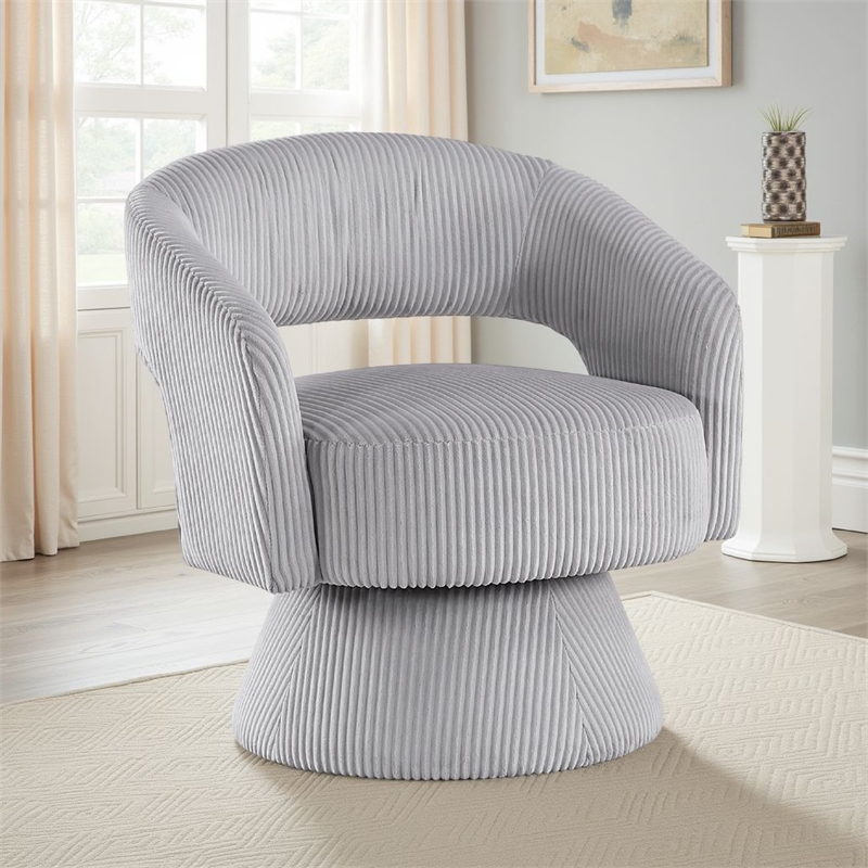 Rayne Swivel Accent Chair- Gray Corduroy- Round Metal Swivel Base