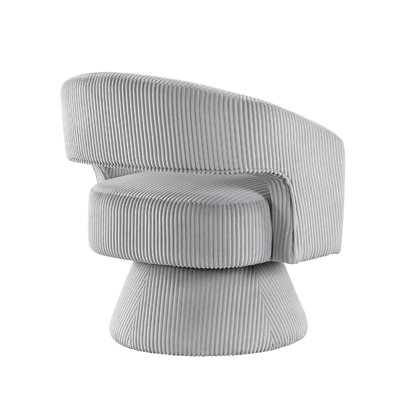 Rayne Swivel Accent Chair- Gray Corduroy- Round Metal Swivel Base