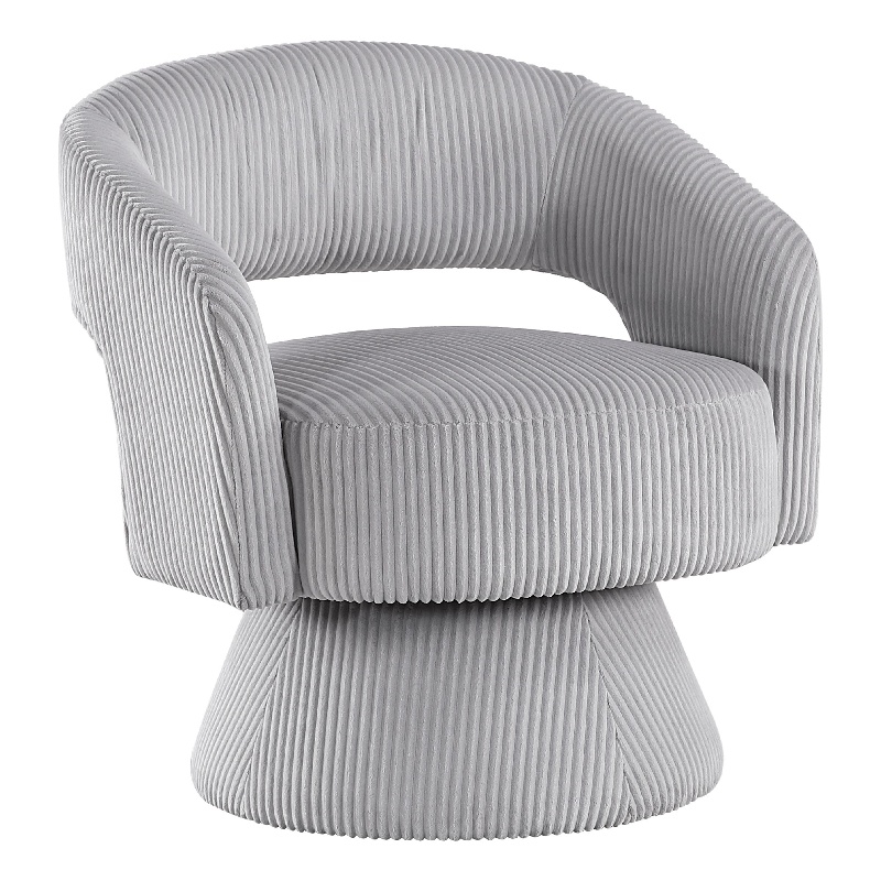 Rayne Swivel Accent Chair- Gray Corduroy- Round Metal Swivel Base