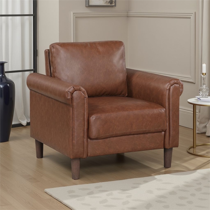 Lo Accent Chair w Rolled Arms- Mid Century Dark Brown Faux Leather