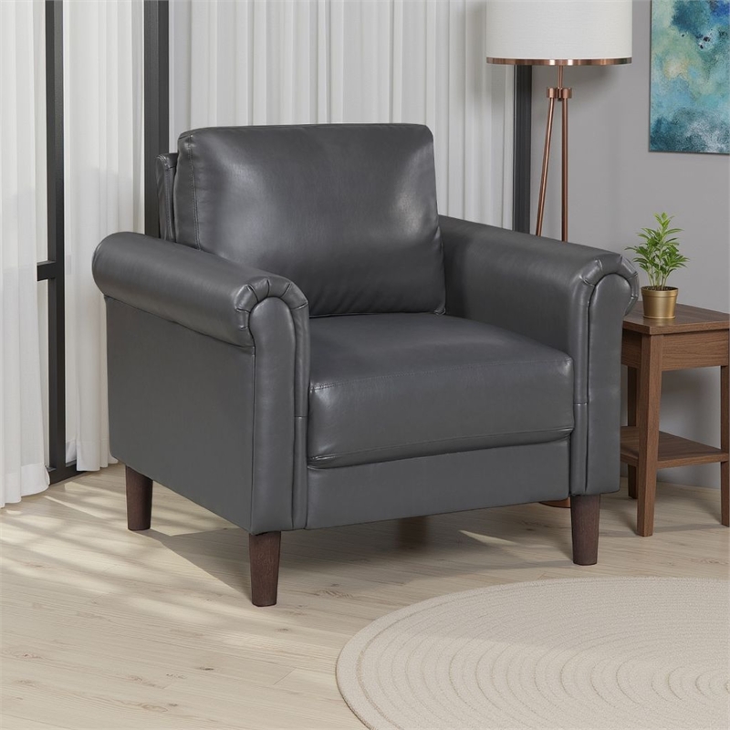 Lo Accent Chair w Rolled Arms- Midcentury Dark Gray Faux Leather