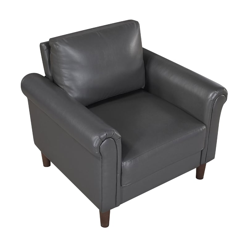 Lo Accent Chair w Rolled Arms- Midcentury Dark Gray Faux Leather