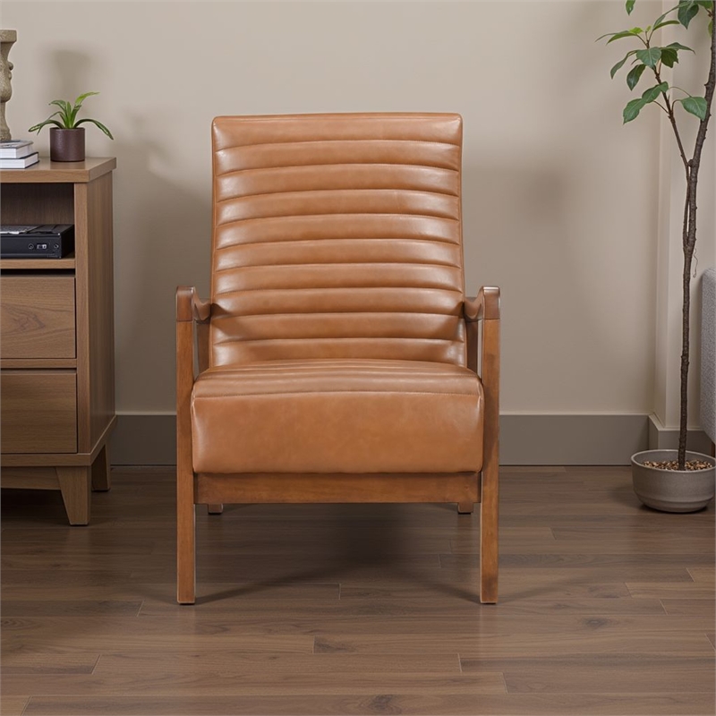 Gert Accent Chair- Matte Brown Faux Leather- Solid Rubberwood Frame