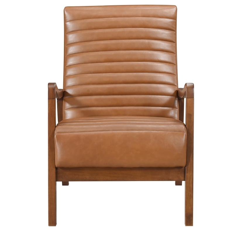 Gert Accent Chair- Matte Brown Faux Leather- Solid Rubberwood Frame