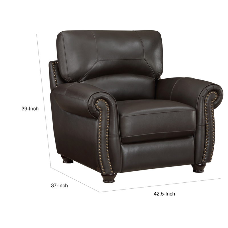 Kia 37 Inch Accent Chair- Dark Brown Top Grain and Faux Leather- Solid Wood