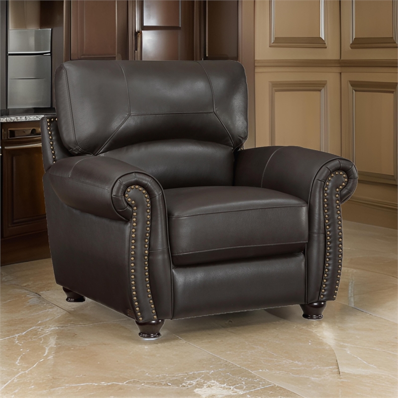 Kia 37 Inch Accent Chair- Dark Brown Top Grain and Faux Leather- Solid Wood