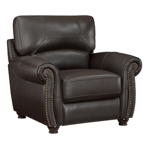 Kia 37 Inch Accent Chair- Dark Brown Top Grain and Faux Leather- Solid Wood