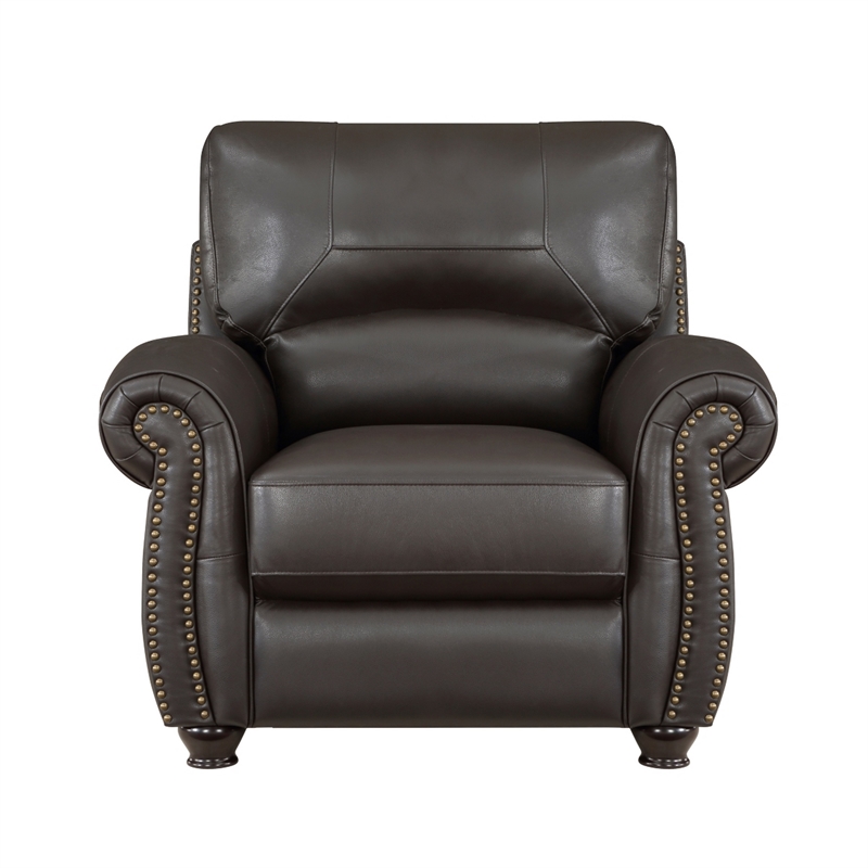 Kia 37 Inch Accent Chair- Dark Brown Top Grain and Faux Leather- Solid Wood