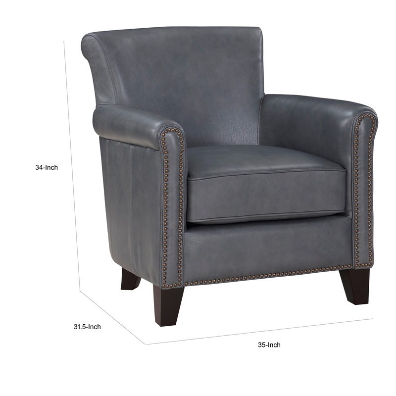 Tria 35 Inch Accent Chair- Gray Top Grain and Split Leather- Solid Wood