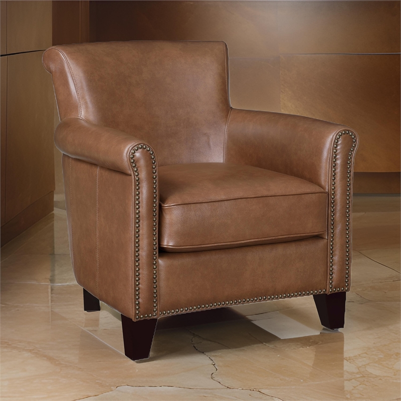 Tria 35 Inch Accent Chair- Brown Top Grain and Split Leather- Solid Wood