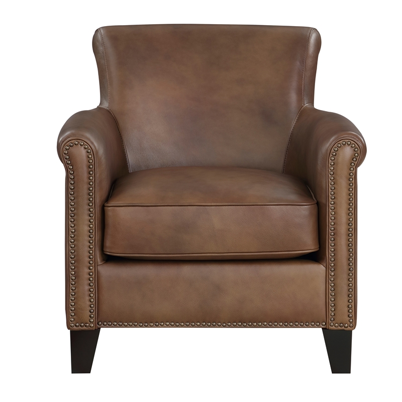 Tria 35 Inch Accent Chair- Brown Top Grain and Split Leather- Solid Wood