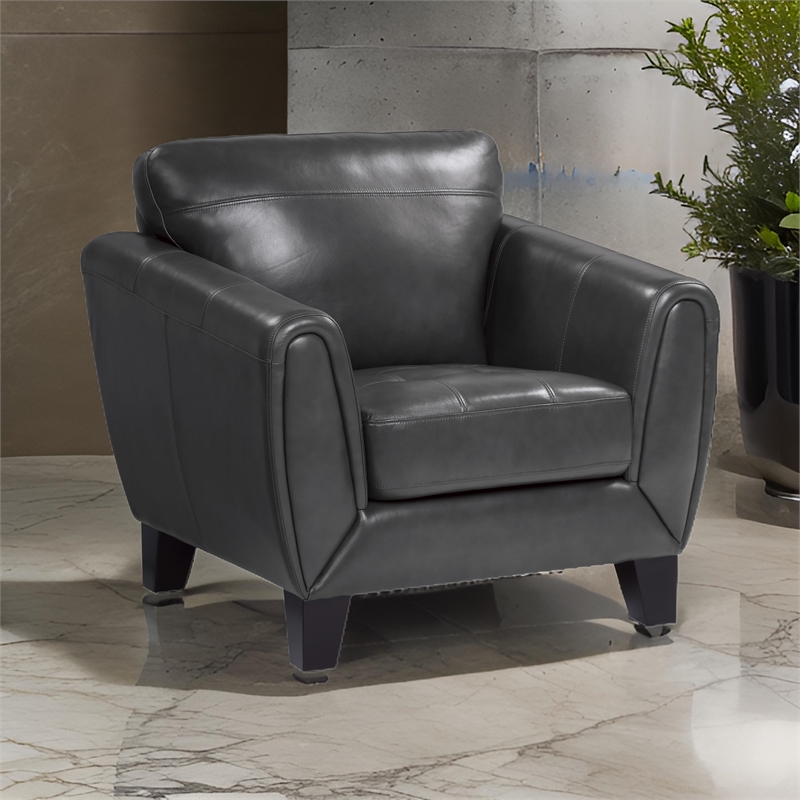 Sofy 37 Inch Accent Chair- Dark Gray Top Grain and Faux Leather- Solid Wood