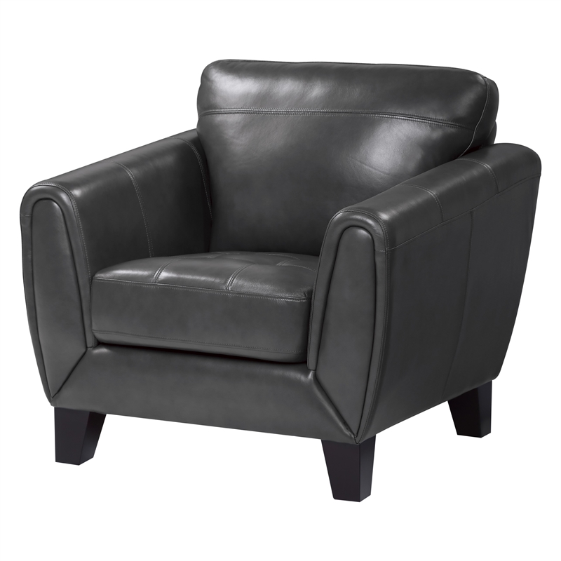 Sofy 37 Inch Accent Chair- Dark Gray Top Grain and Faux Leather- Solid Wood