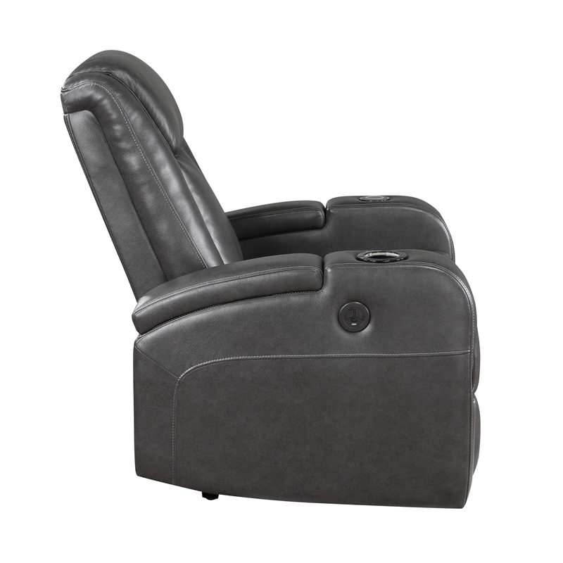 Emily 38 Inch Power Recliner Chair- Cooling Cupholder- LED- Gray PU Leather