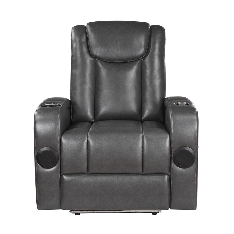 Emily 38 Inch Power Recliner Chair- Cooling Cupholder- LED- Gray PU Leather