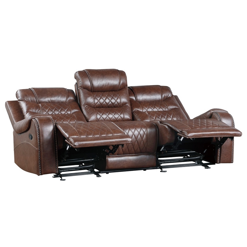 Paul 87 Inch Manual Recliner Sofa- Drop Table Cupholders Brown Faux Leather