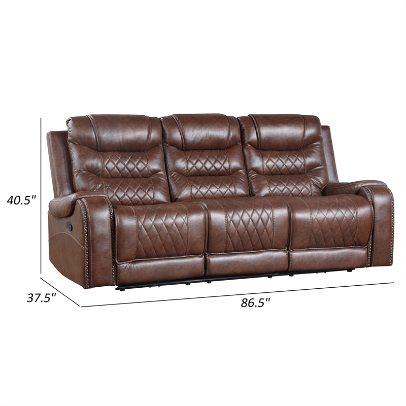 Paul 87 Inch Manual Recliner Sofa- Drop Table Cupholders Brown Faux Leather