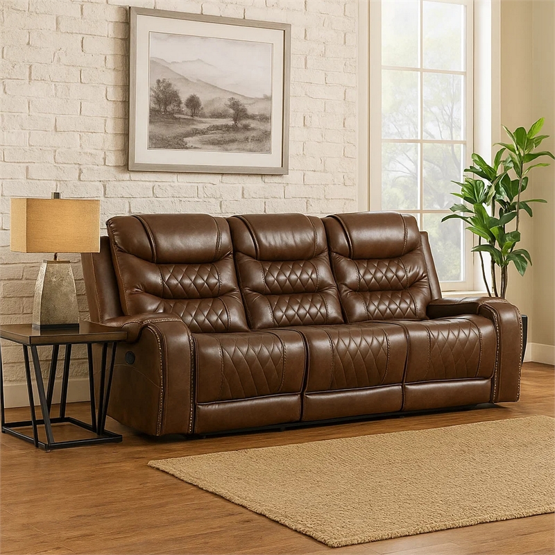 Paul 87 Inch Manual Recliner Sofa- Drop Table Cupholders Brown Faux Leather