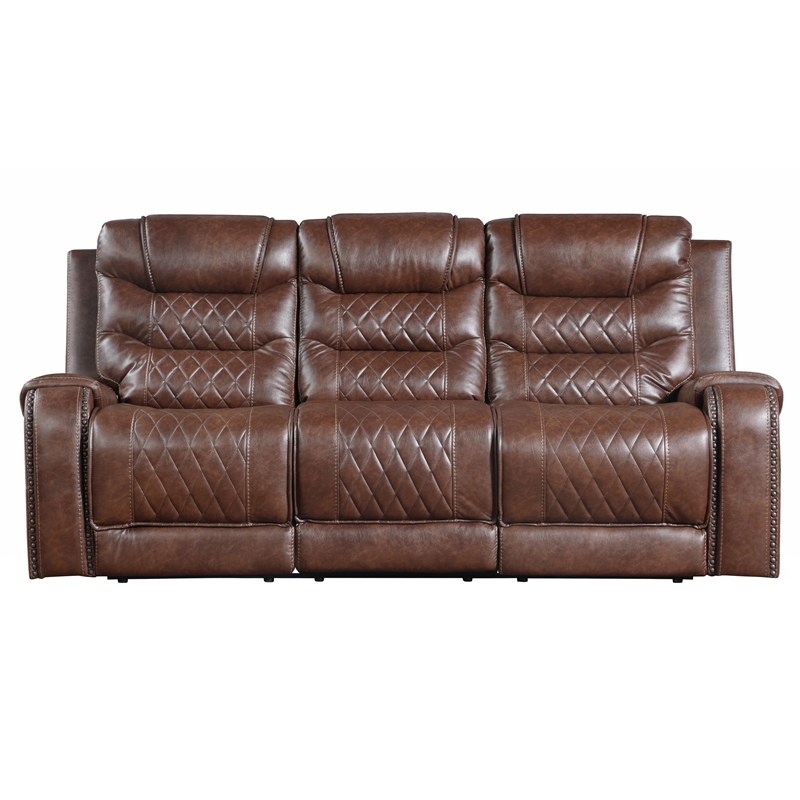 Paul 87 Inch Manual Recliner Sofa- Drop Table Cupholders Brown Faux Leather