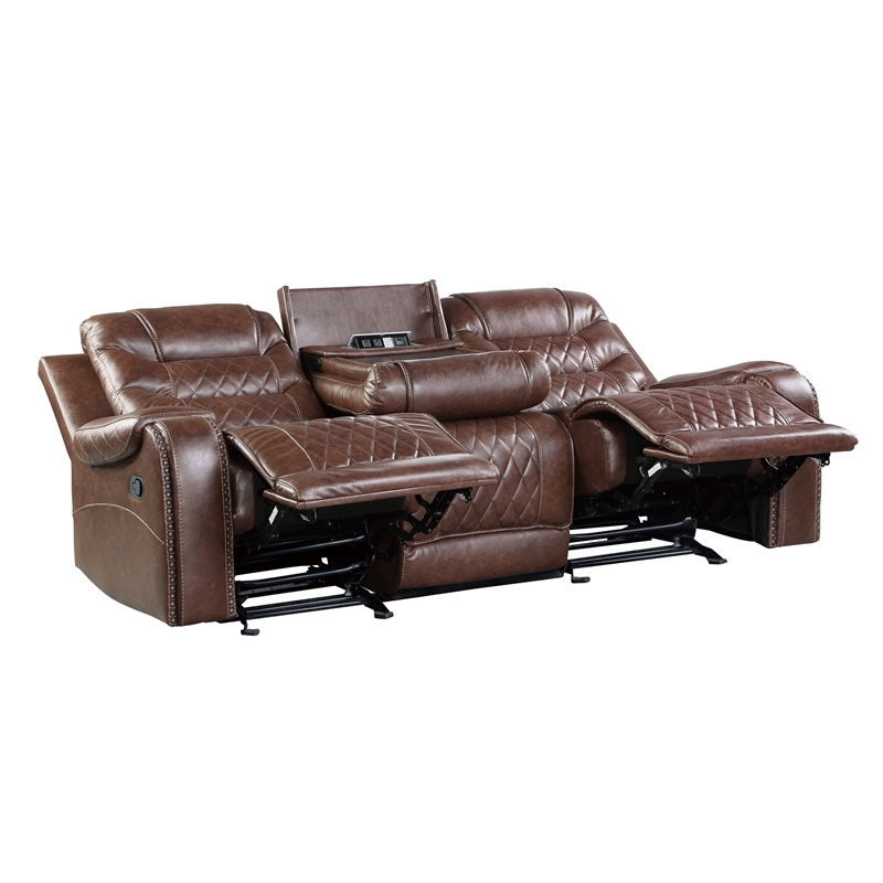 Paul 87 Inch Manual Recliner Sofa- Drop Table Cupholders Brown Faux Leather