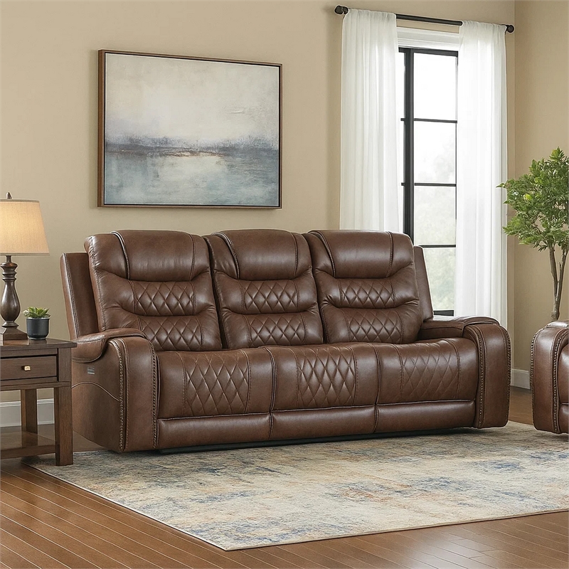 Paul 87 Inch Power Recliner Sofa- Drop Table Cupholders Brown Faux Leather