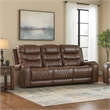 Paul 87 Inch Power Recliner Sofa- Drop Table Cupholders Brown Faux Leather