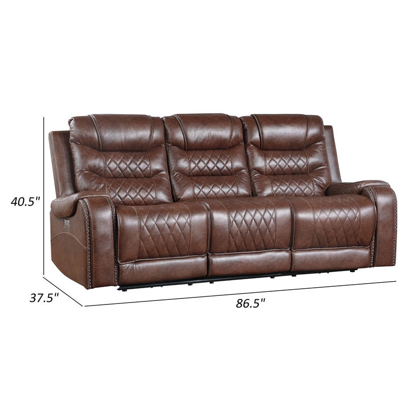Paul 87 Inch Power Recliner Sofa- Drop Table Cupholders Brown Faux Leather