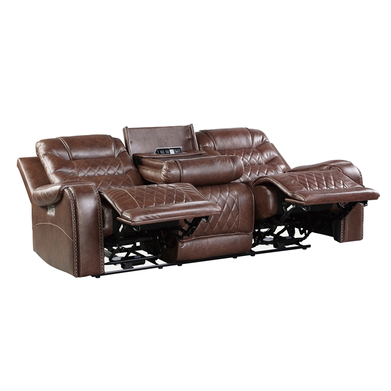 Paul 87 Inch Power Recliner Sofa- Drop Table Cupholders Brown Faux Leather