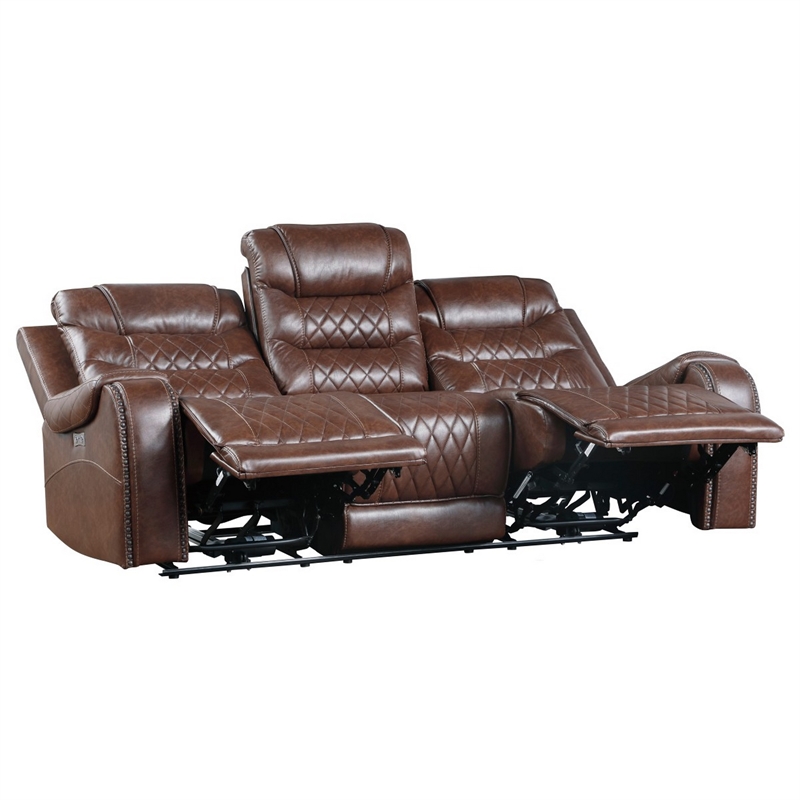Paul 87 Inch Power Recliner Sofa- Drop Table Cupholders Brown Faux Leather