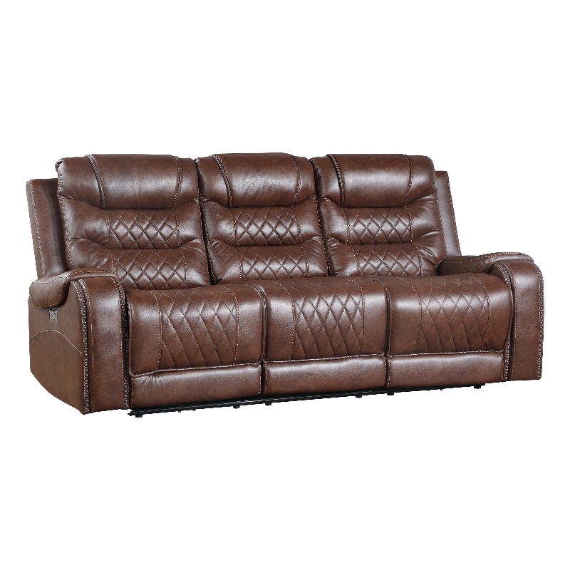 Paul 87 Inch Power Recliner Sofa- Drop Table Cupholders Brown Faux Leather