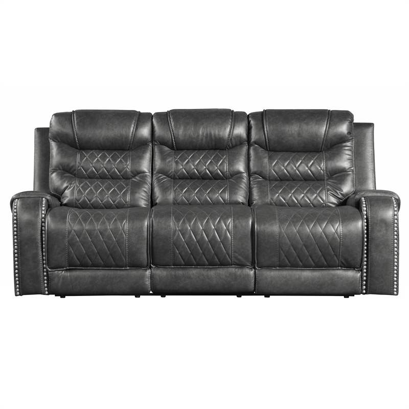 Paul 87 Inch Power Recliner Sofa- Drop Table Cupholders Gray Faux Leather
