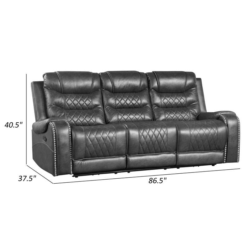 Paul 87 Inch Power Recliner Sofa- Drop Table Cupholders Gray Faux Leather