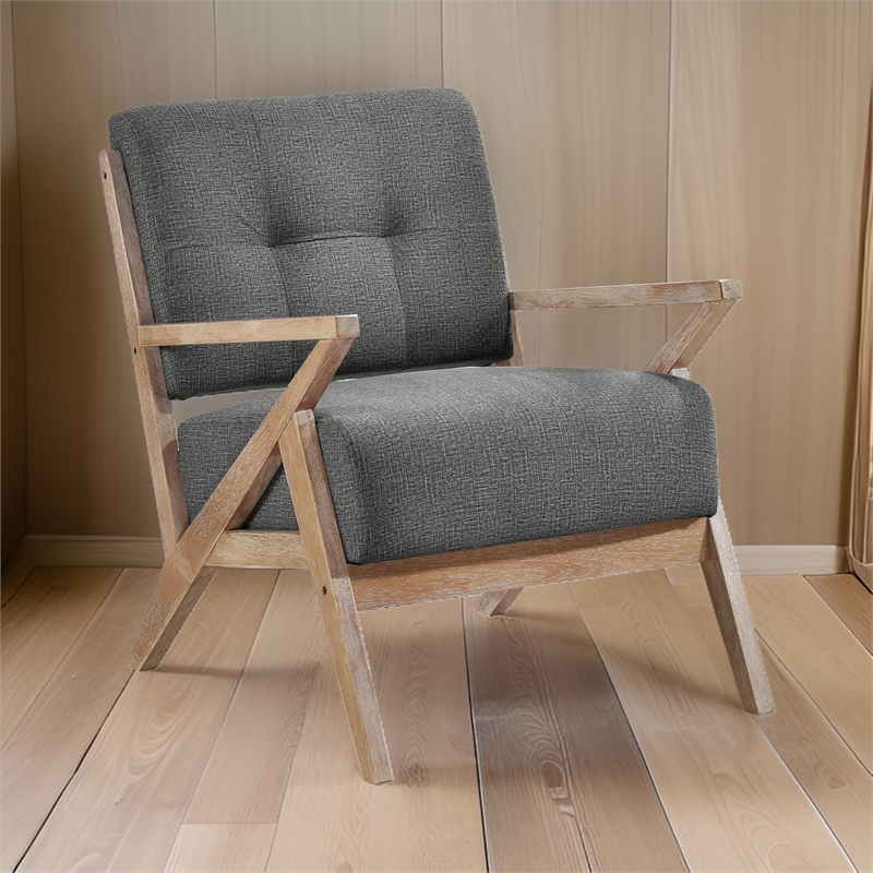 Edra 33 Inch Accent Armchair- Rubberwood Frame- Gray Polyester Cushions