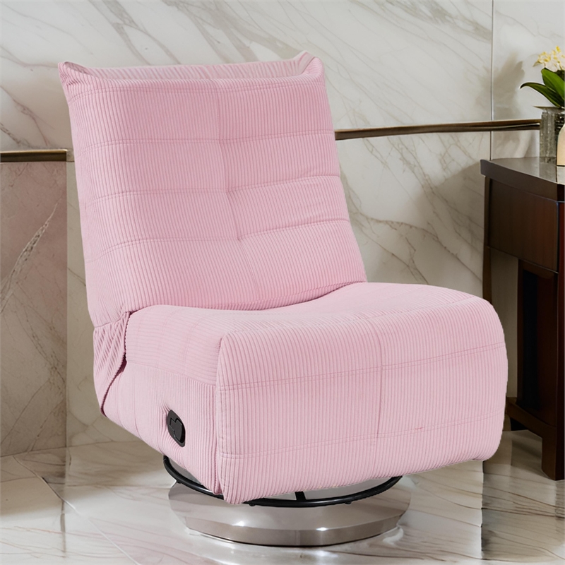 Gea 35 Inch Swivel Recliner Chair- Tufted- Pink Corduroy- Solid Wood
