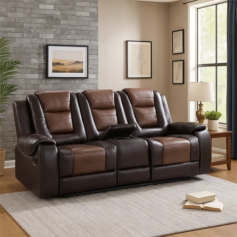 Istro 86 Inch Manual Recliner Sofa- Drop Down Table- Brown Faux Leather
