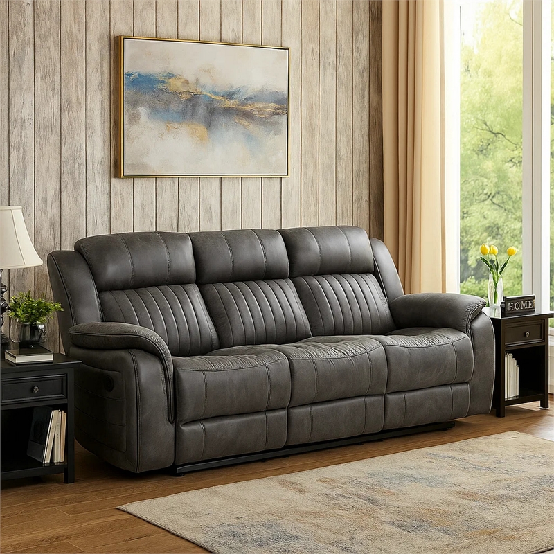 Bento 84 Inch Dual Manual Recliner Sofa- Brownish Gray Polished Microfiber