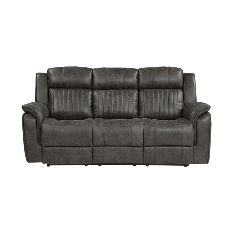 Bento 84 Inch Dual Manual Recliner Sofa- Brownish Gray Polished Microfiber