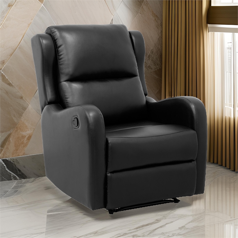 Kim 38 Inch Manual Recliner Chair- Cushioned Black Faux Leather- Solid Wood