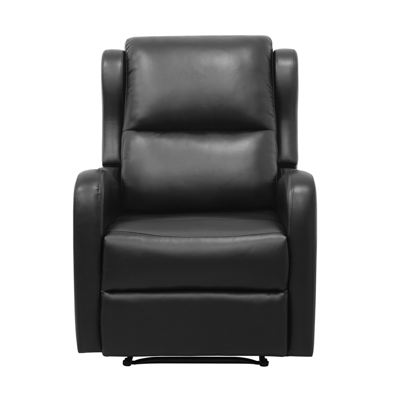Kim 38 Inch Manual Recliner Chair- Cushioned Black Faux Leather- Solid Wood