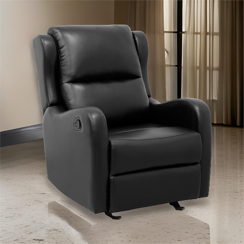 Kim 39 Inch Glider Manual Recliner Chair- Black Faux Leather- Solid Wood