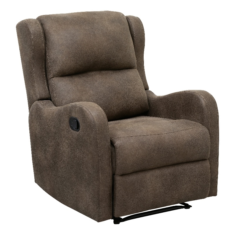 Kim 38 Inch Manual Recliner Chair- Cushioned Brown Microfiber- Solid Wood