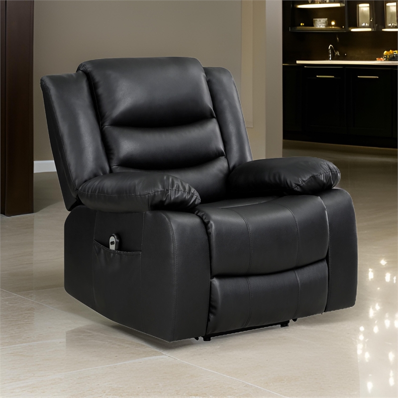 Carry 39 Inch Power Lift Recliner Chair- Black Faux Leather- Solid Wood