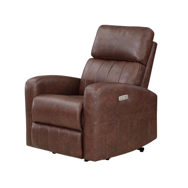 Eva 38 Inch Power Lift Recliner Chair- Brown Faux Leather- Solid Wood